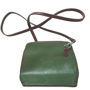 Vera Pelle Green‎ Italian Leather Crossbody Bag Brown Trim Made in Italy Small